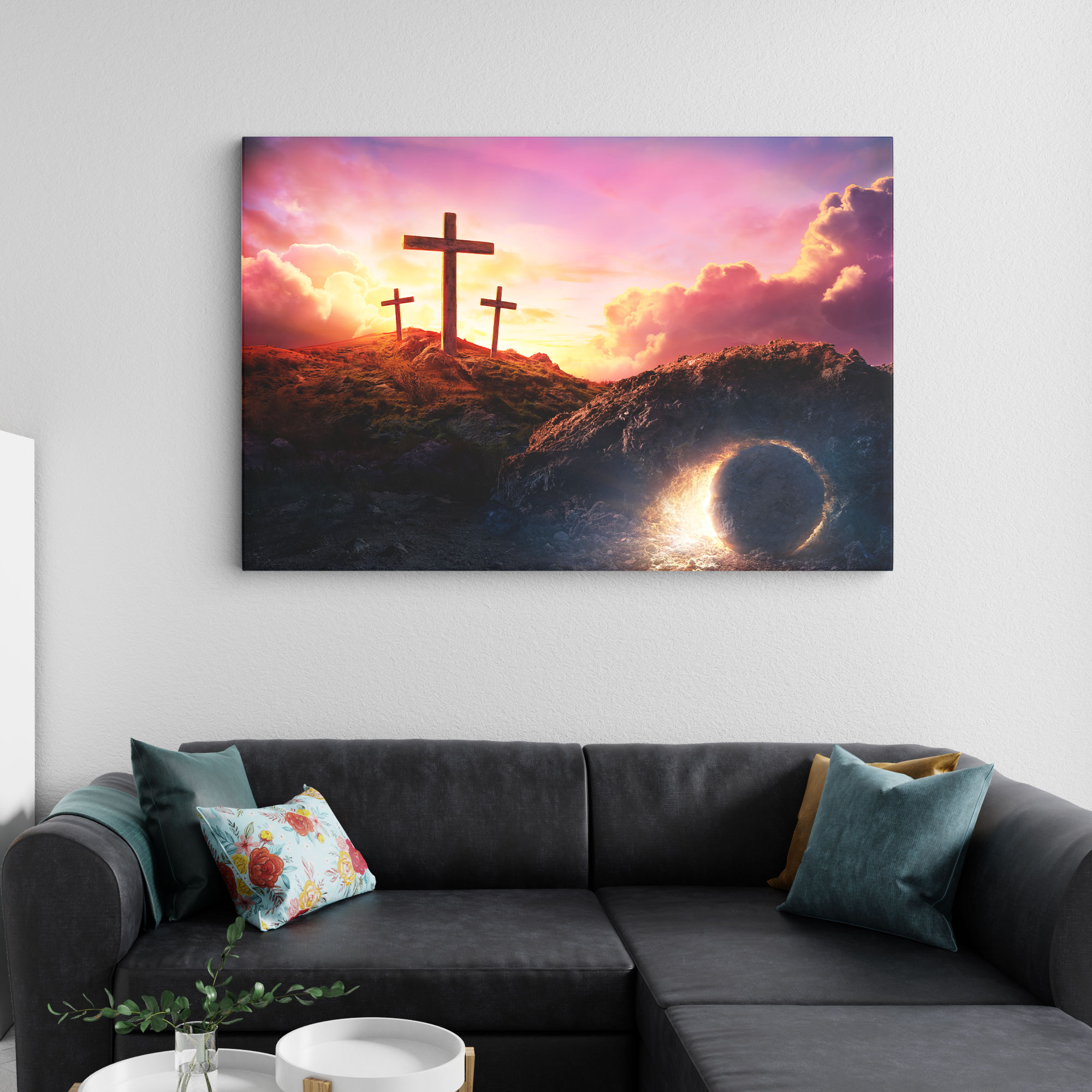 Crosses And Tomb Empty Christian Canvas Wall Art