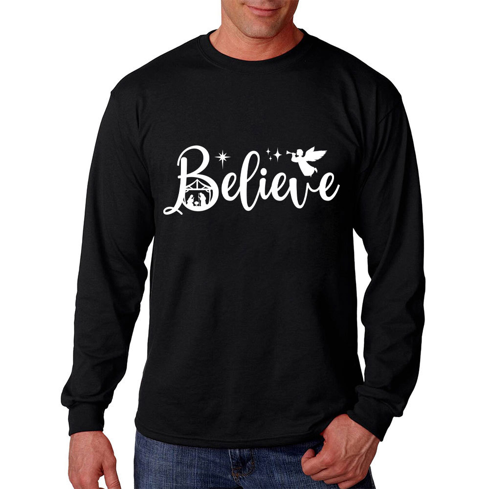Believe Nativity Scene Christmas Christian Long Sleeve T-Shirt