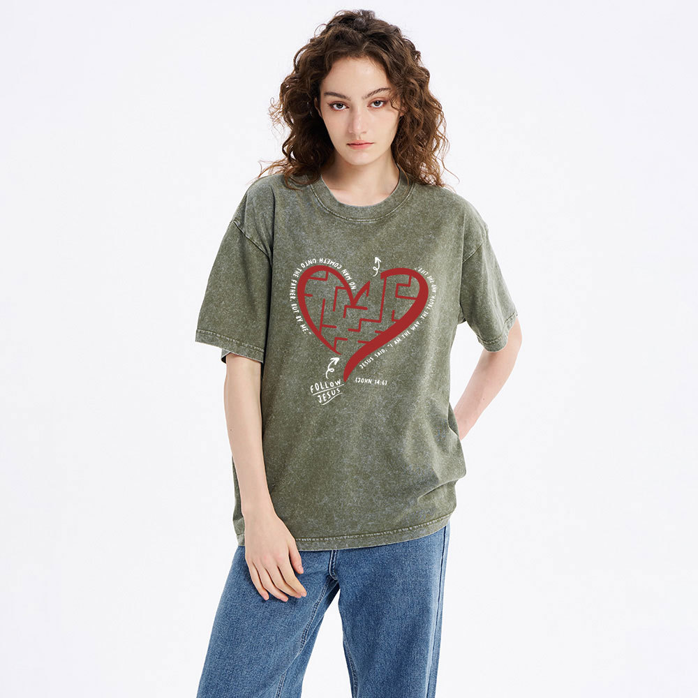 Follow Jesus Heart Christian Washed T-Shirt
