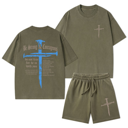 Be Strong & Courageous Christian Washed T-Shirt & Shorts