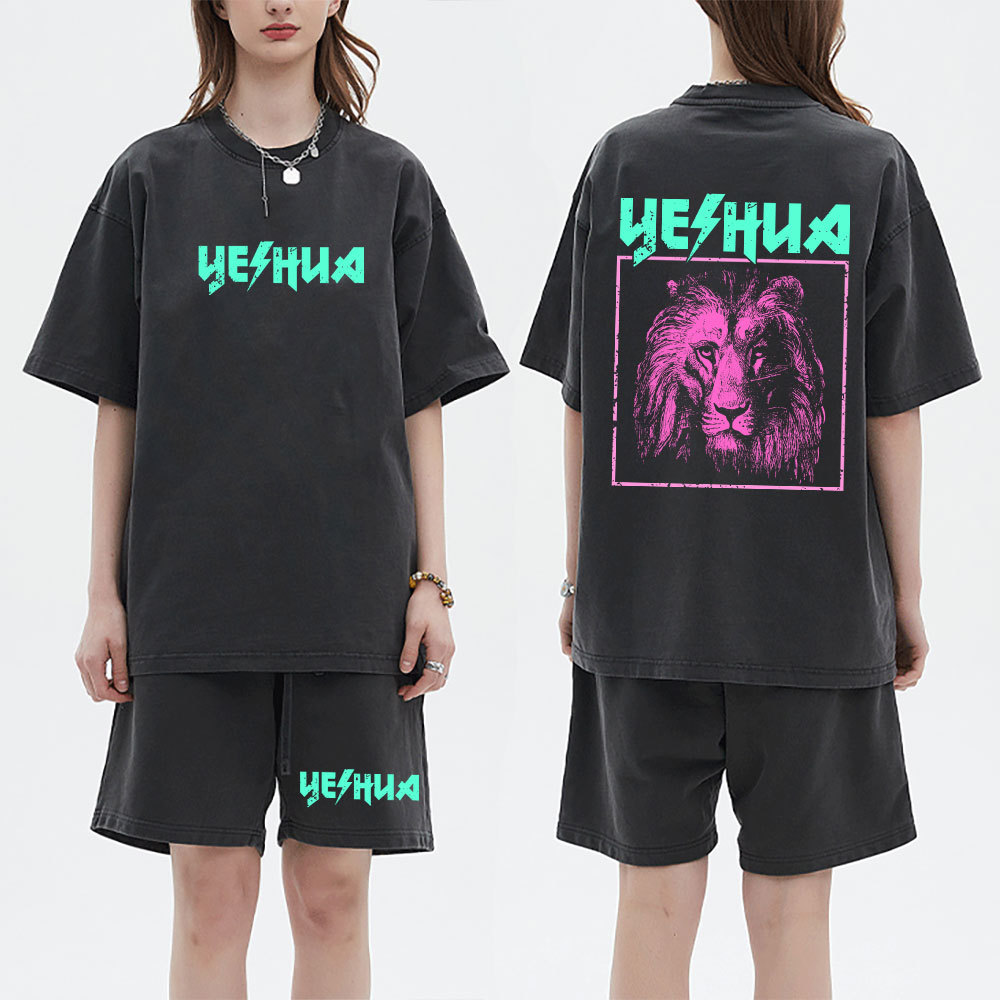 Retro Lion Yeshua Christian Washed T-Shirt & Shorts