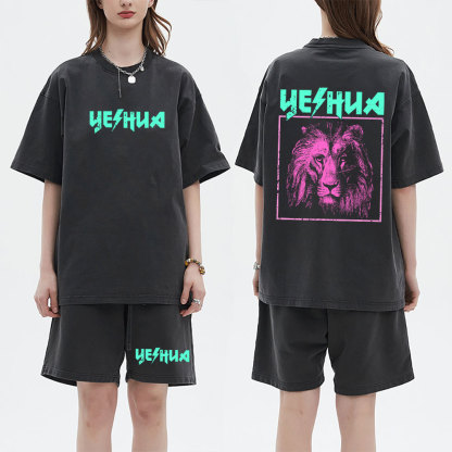 Retro Lion Yeshua Christian Washed T-Shirt & Shorts