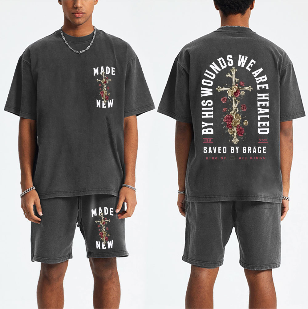 By His Wounds We Are Healed Christian Washed T-Shirt & Shorts
