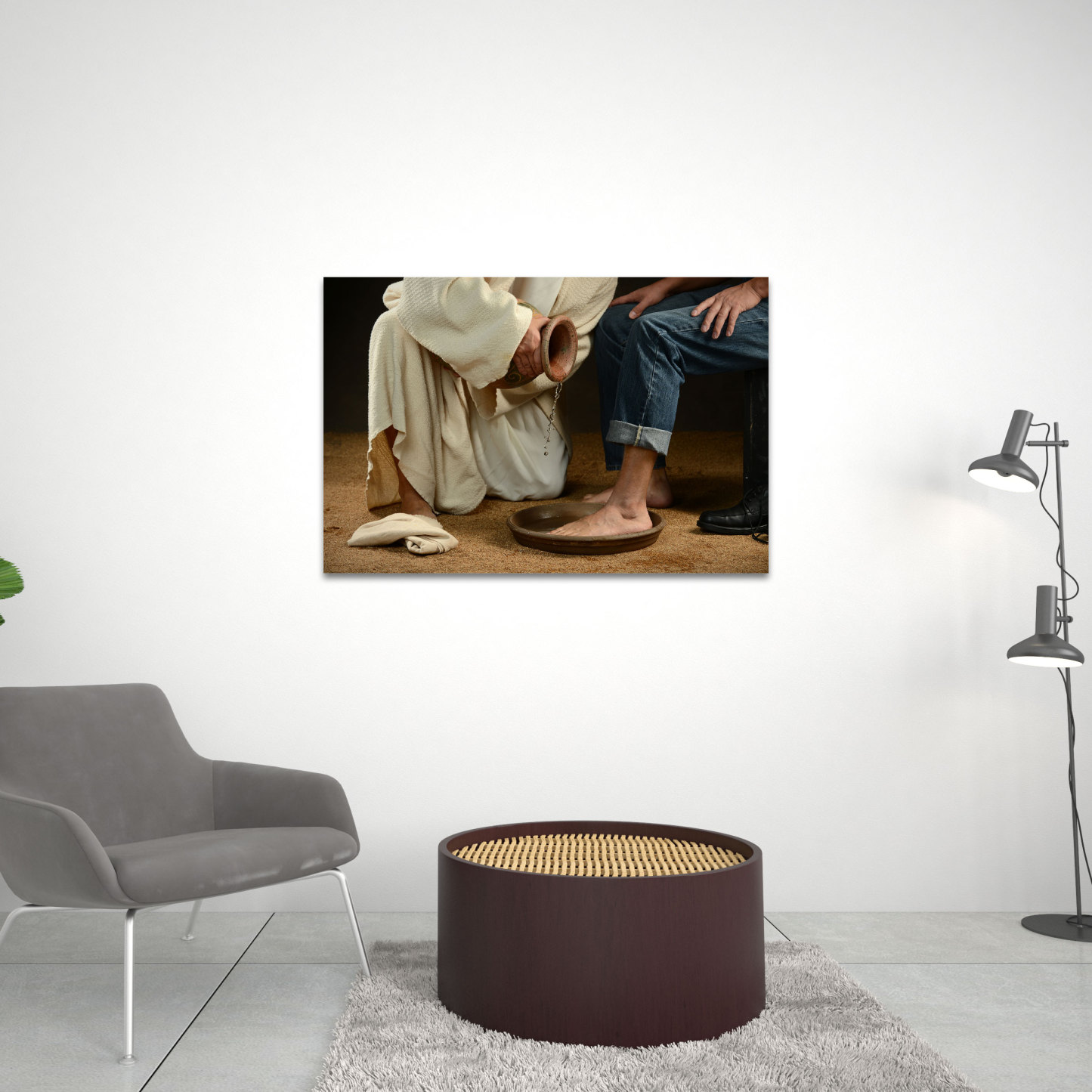 Jesus Washing Feet Of Modern Man Wearing Jeans Christian Canvas Wall Art