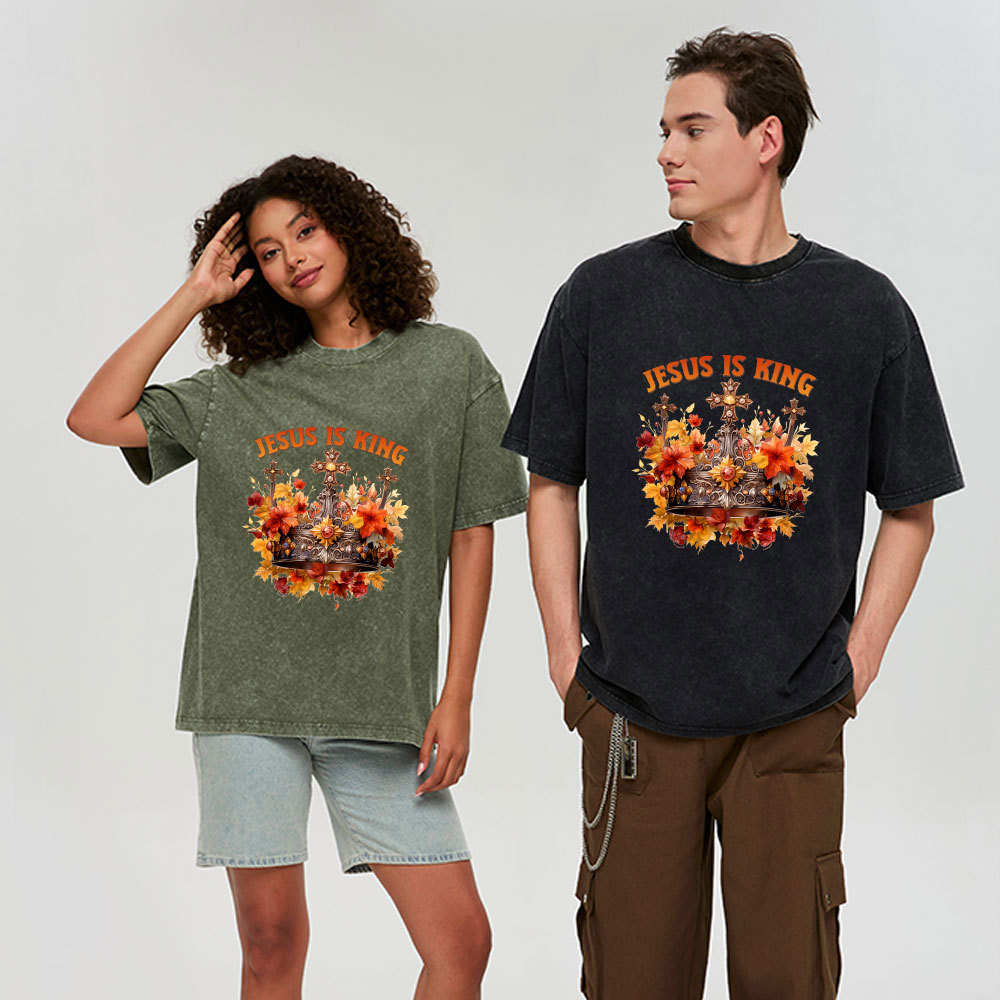 Jesus-Is-King-Autumn-Faith-Christian-Washed-T-Shirt-model-1+