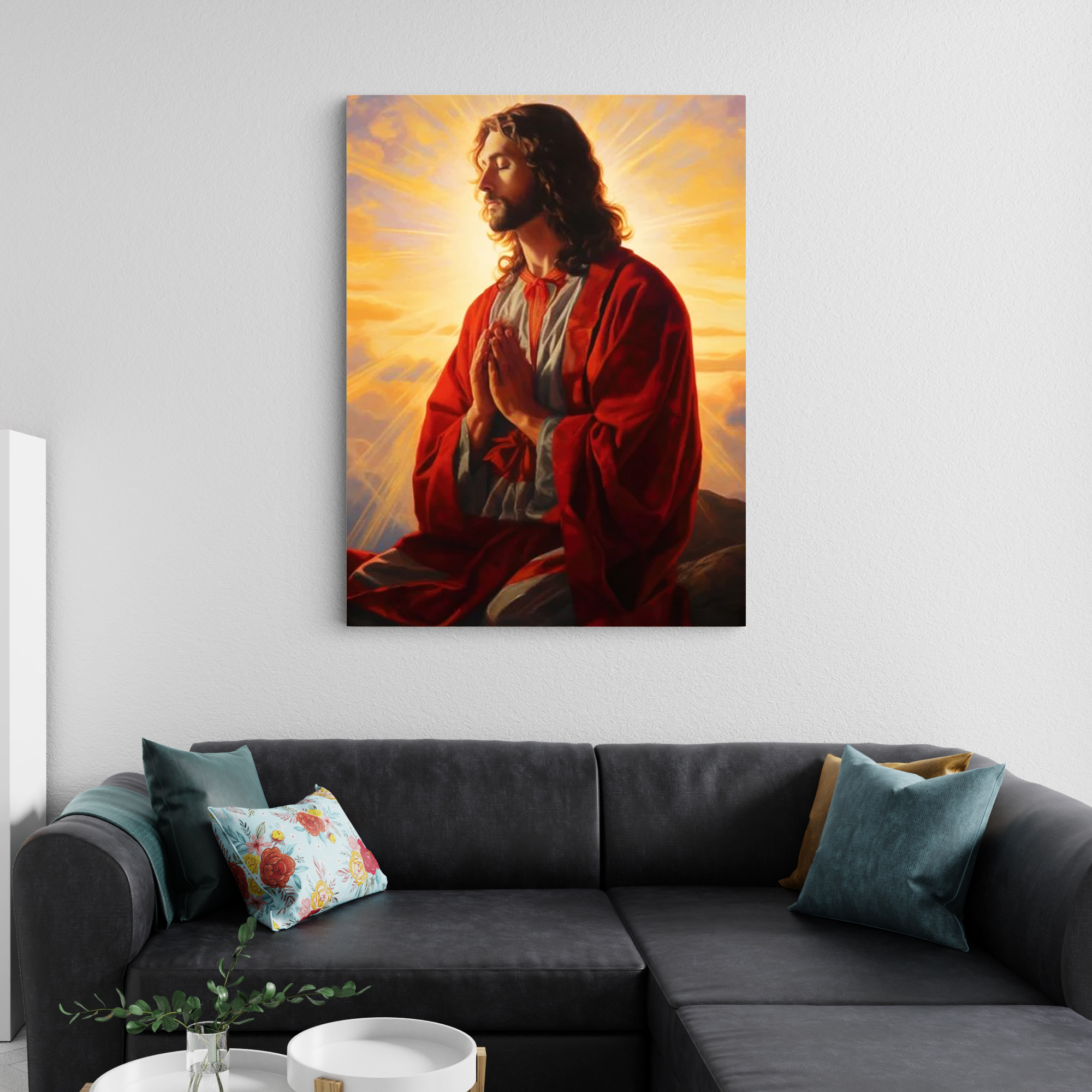 Jesus In Red Robe Kneeling In Prayer Canvas Wall Art