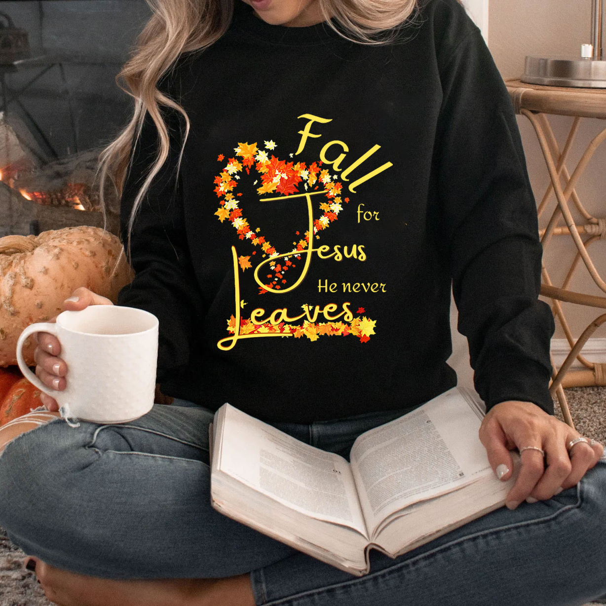 Fall for Jesus He Never Leaves Heart Sweatshirt