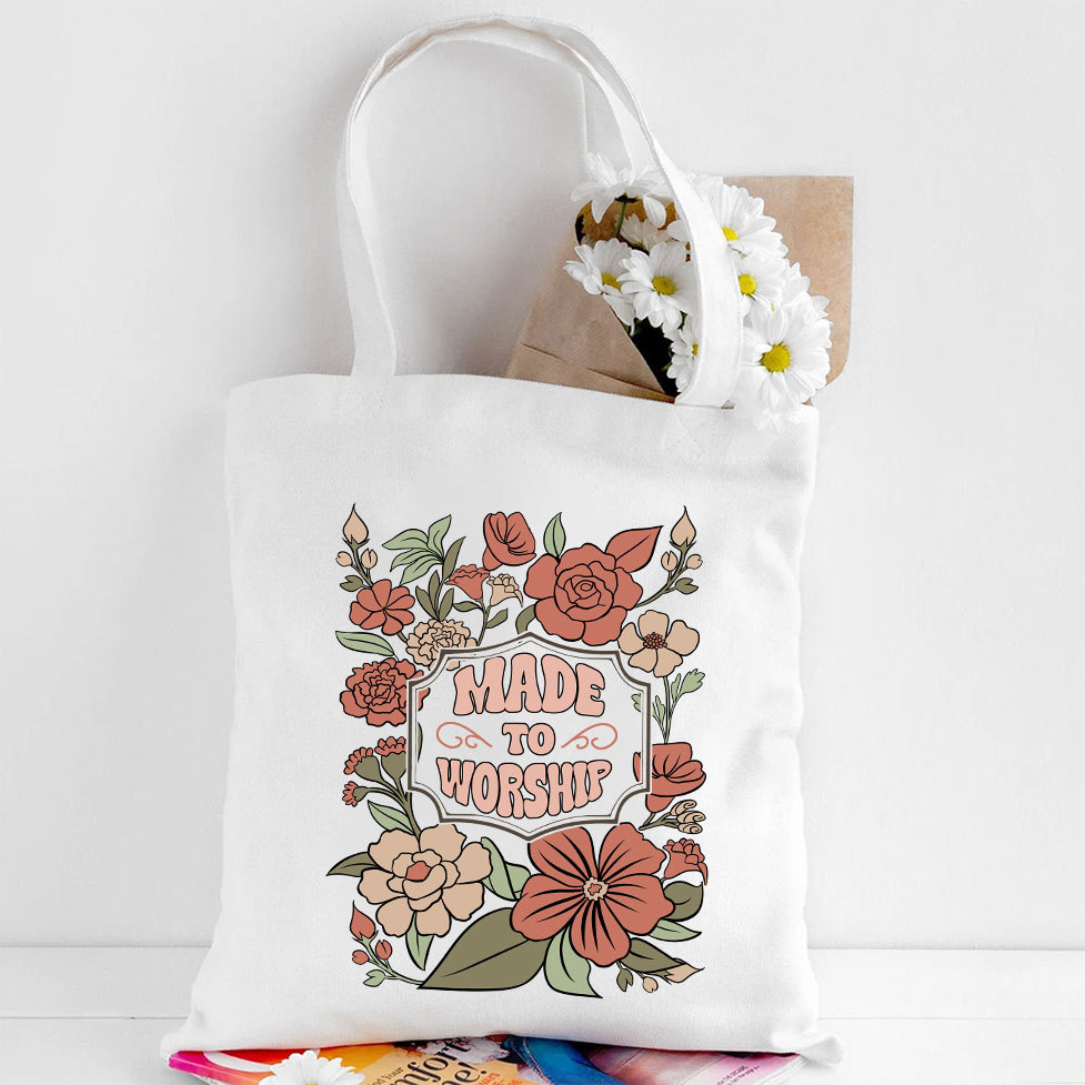 Made To Worship Retro Floral Christian Canvas Tote Bag