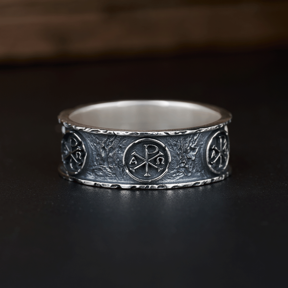 Chi Rho Alpha Omega Christian Sterling Silver Band Ring