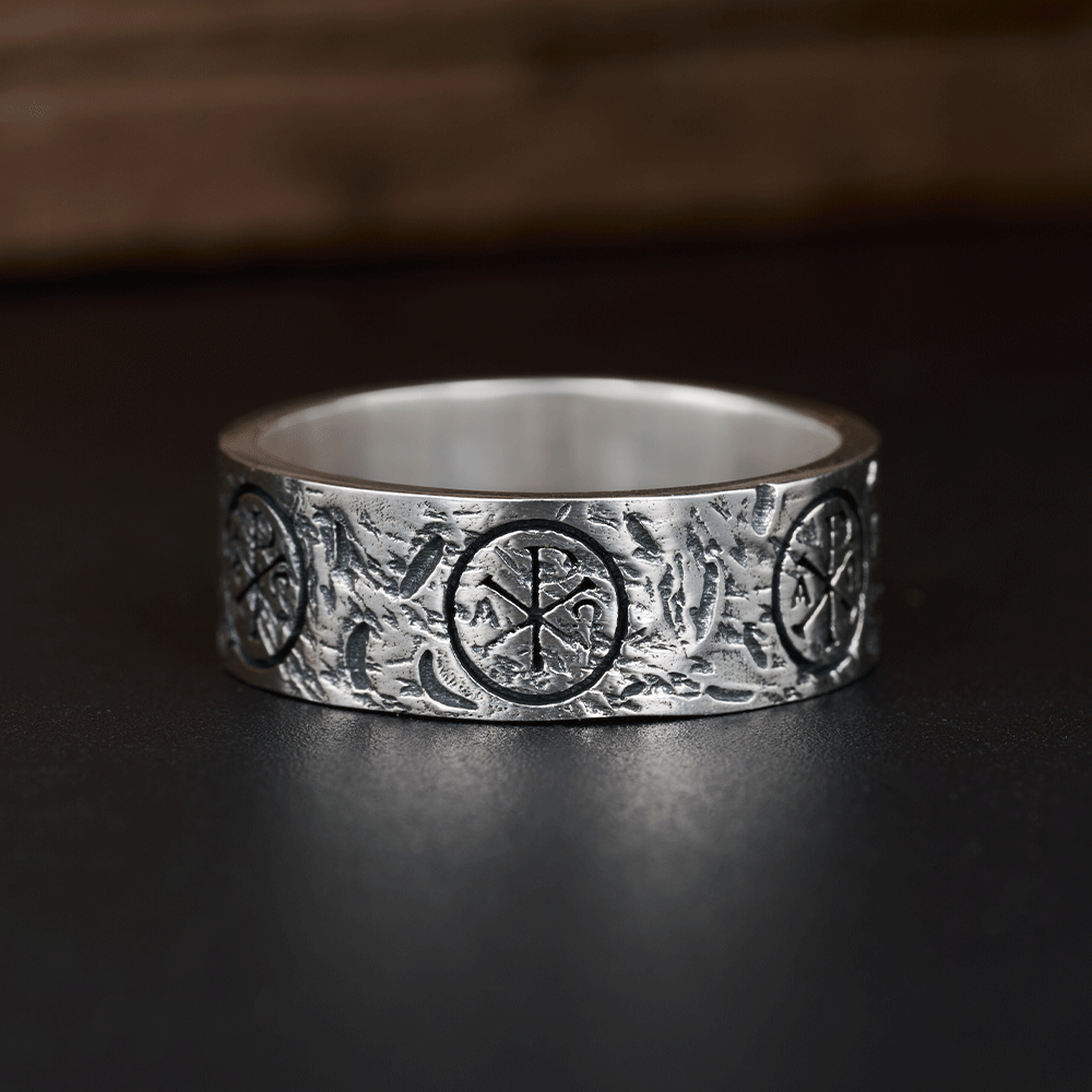 Chi Rho Alpha Omega Christian Sterling Silver Band Ring