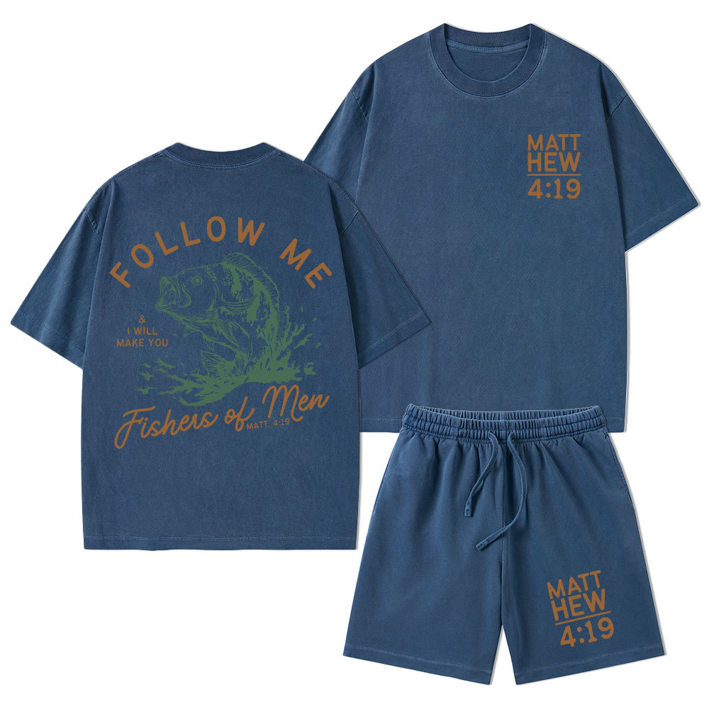 Follow Me I Will Make You Fishers Of Men' Christian Washed T-Shirt & Shorts
