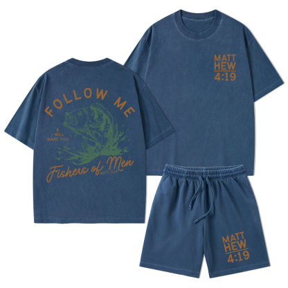Follow Me I Will Make You Fishers Of Men' Christian Washed T-Shirt & Shorts