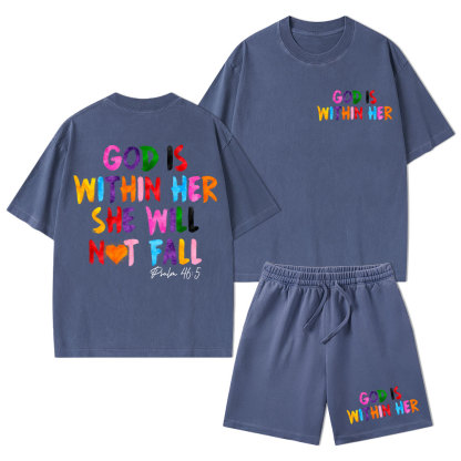 God Is Within Her She Will Not Fall Christian Washed T-Shirt & Shorts