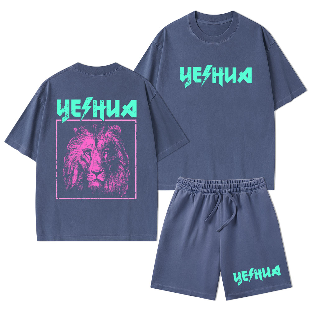 Retro Lion Yeshua Christian Washed T-Shirt & Shorts