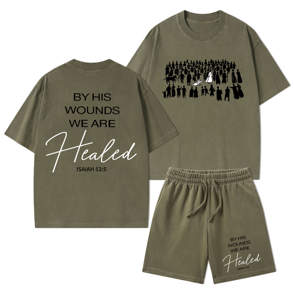By His Wounds Christian Washed T-Shirt & Shorts