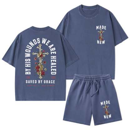 By His Wounds We Are Healed Christian Washed T-Shirt & Shorts