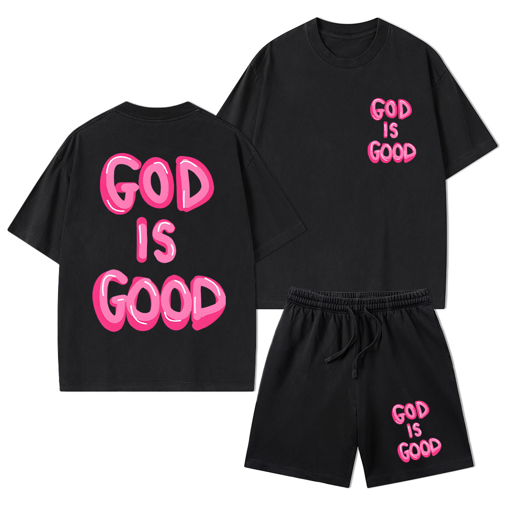 God Is Good Christian Washed T-Shirt & Shorts