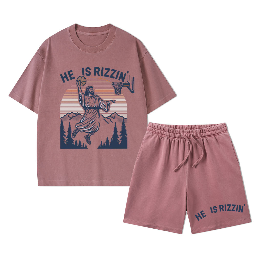 He Is Rizzen Christian Washed T-Shirt & Shorts