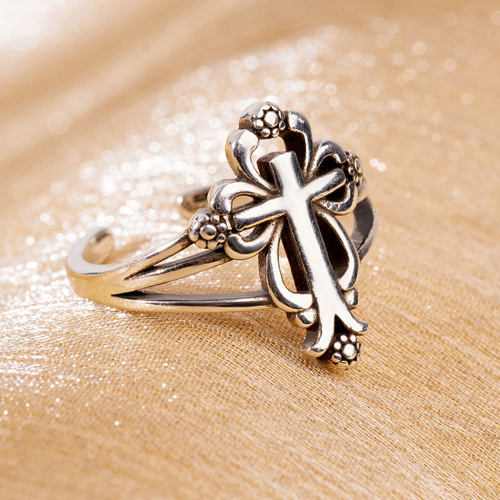 Flower Cross Open Finger Jesus Ring