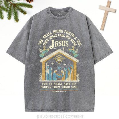 She Shall Bring Forth A Son Christian Christmas Washed T-Shirt