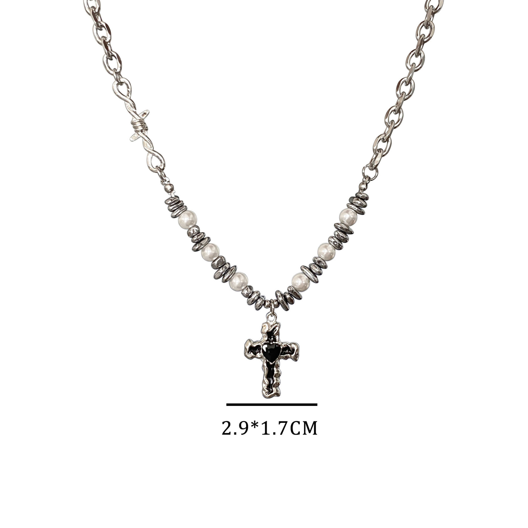 Pearl Shaped Stone Patchwork Heart Cross Christian Necklace