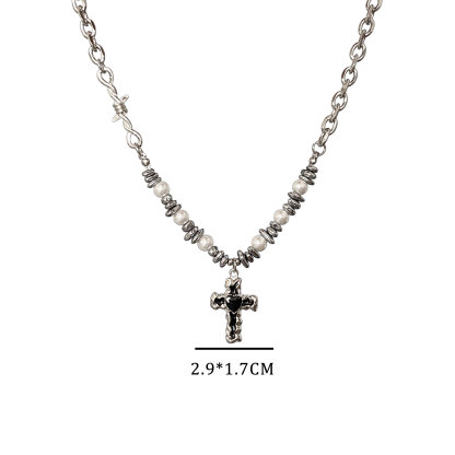 Pearl Shaped Stone Patchwork Heart Cross Christian Necklace