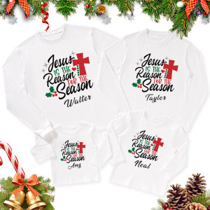 Image of Personalized Jesus Is the Reason for the Season Christmas Family Matching Long Sleeve T-Shirt