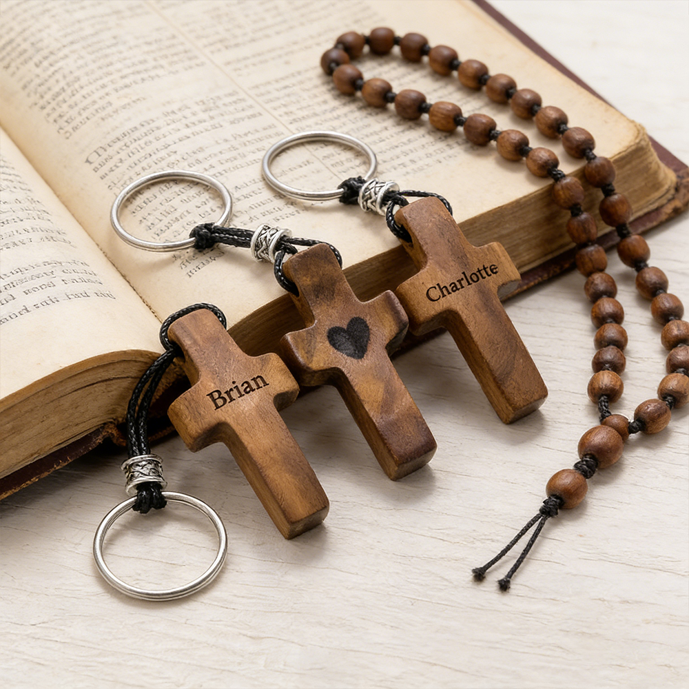 Personalized Christian Walnut Wood Cross Keychain & Handheld Prayer Piece