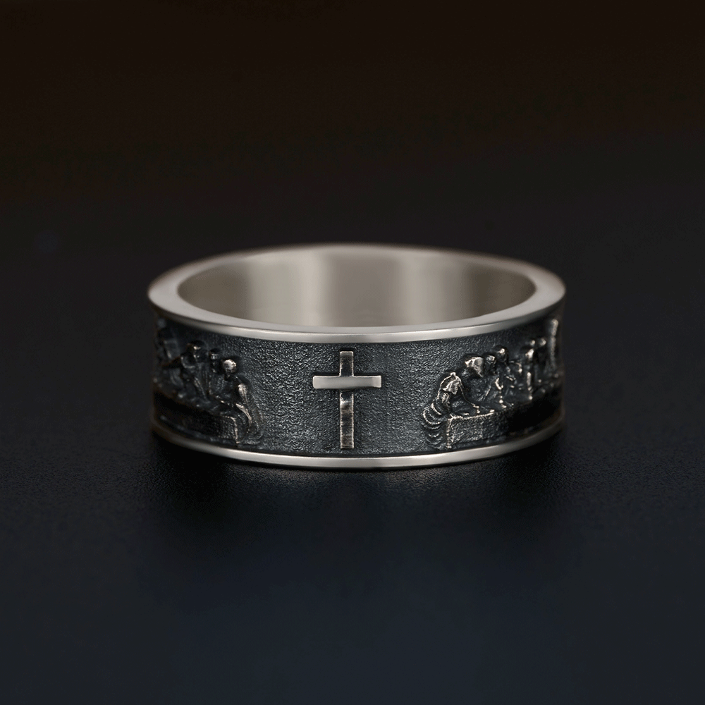 Last Supper Cross Christian Sterling Silver Band Ring