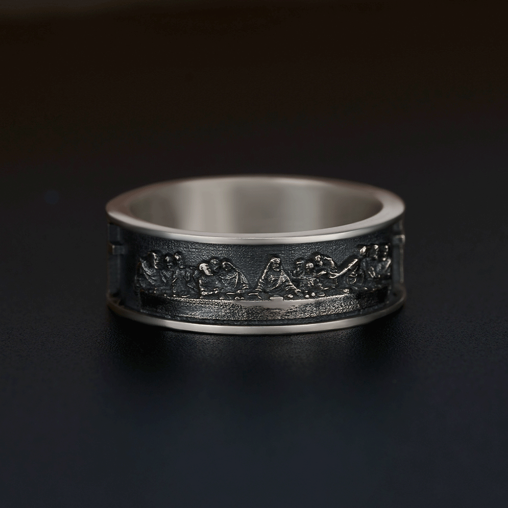 Last Supper Cross Christian Sterling Silver Band Ring