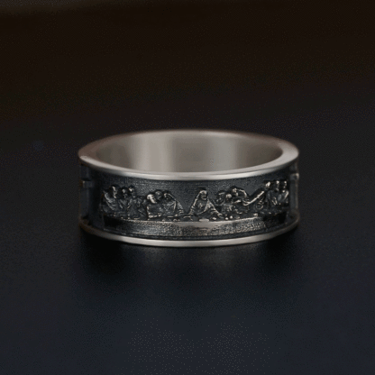 Last Supper Cross Christian Sterling Silver Band Ring