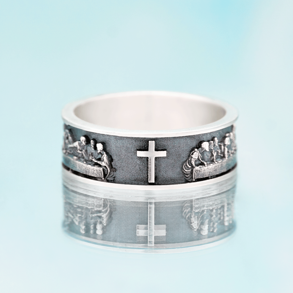 Last Supper Cross Christian Sterling Silver Band Ring
