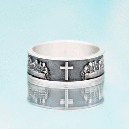Last Supper Cross Christian Sterling Silver Band Ring