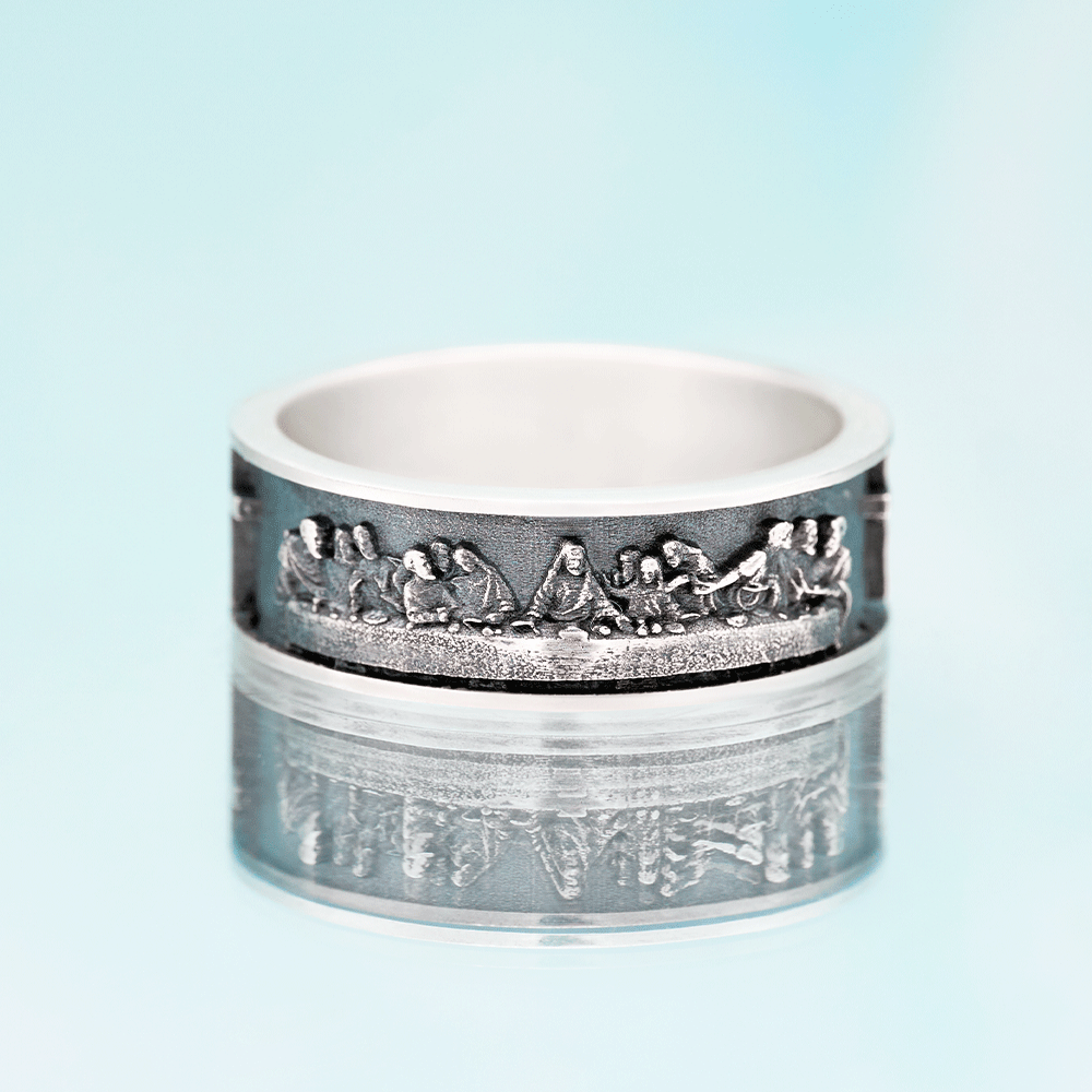 Last Supper Cross Christian Sterling Silver Band Ring