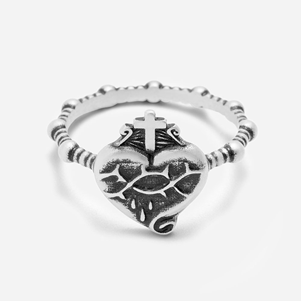 Double Cross Sacred Heart Rosary Christian 925 Sterling Silver Ring