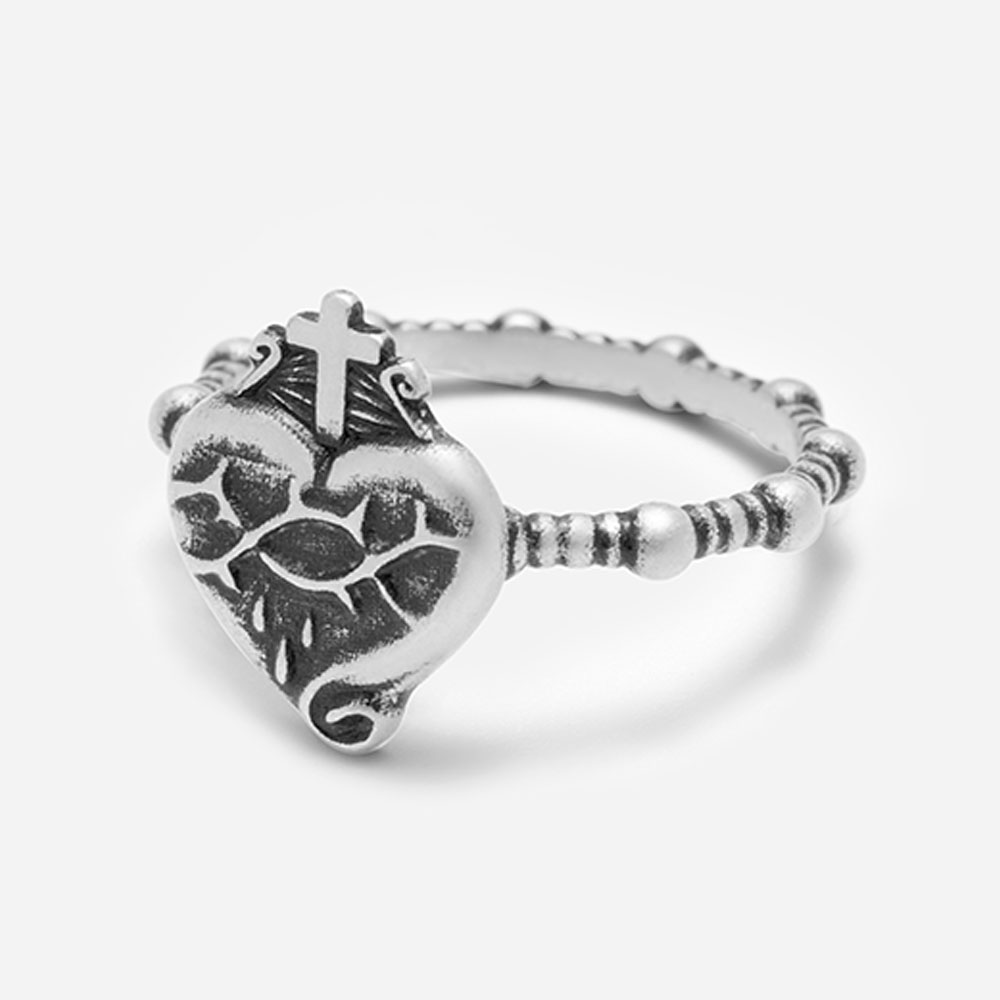 Double Cross Sacred Heart Rosary Christian 925 Sterling Silver Ring
