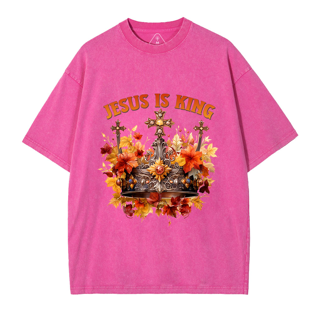 Jesus-Is-King-Autumn-Faith-Christian-Washed-T-Shirt-Pink+
