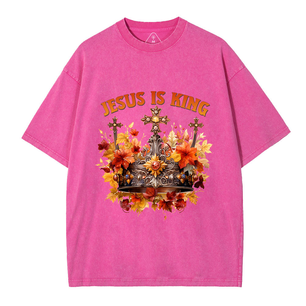 Jesus-Is-King-Autumn-Faith-Christian-Washed-T-Shirt-Pink+