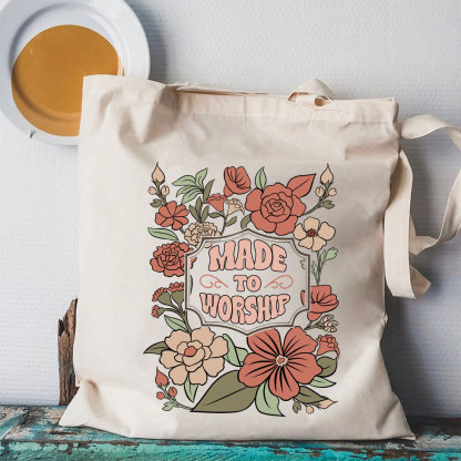 Made To Worship Retro Floral Christian Canvas Tote Bag