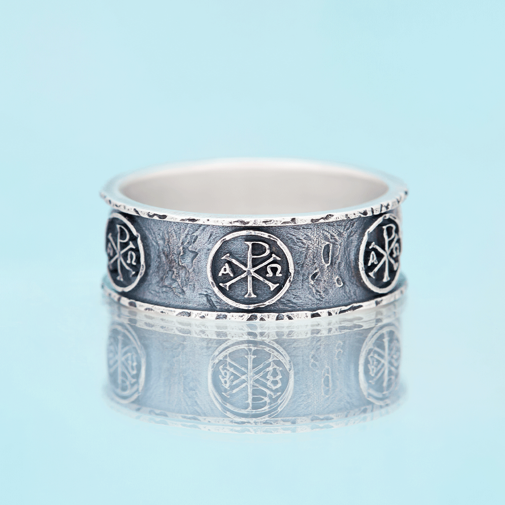 Chi Rho Alpha Omega Christian Sterling Silver Band Ring