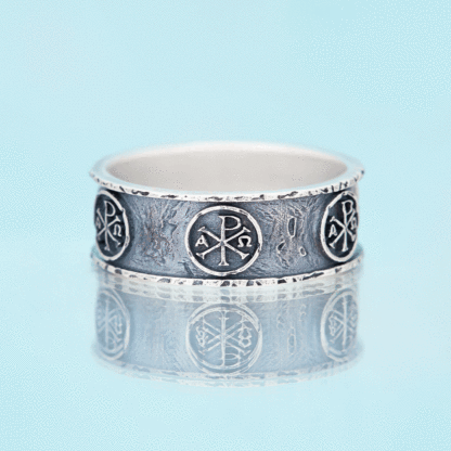 Chi Rho Alpha Omega Christian Sterling Silver Band Ring