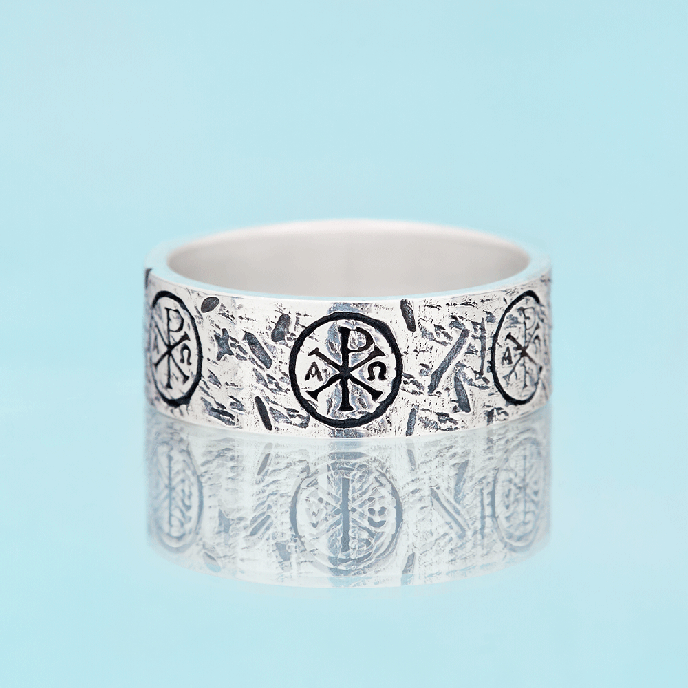 Chi Rho Alpha Omega Christian Sterling Silver Band Ring