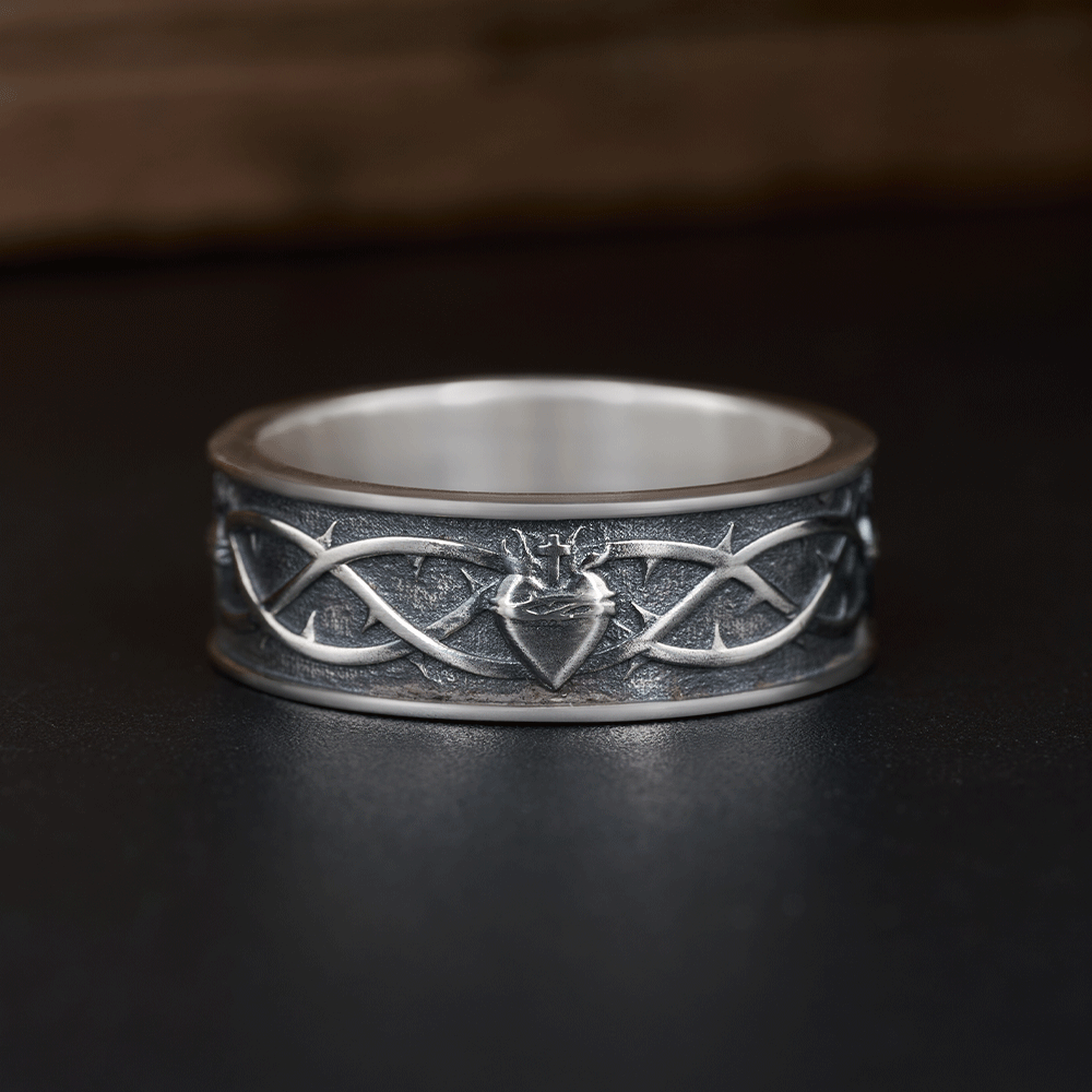 Sacred Heart of Jesus Christian Sterling Silver Band Ring