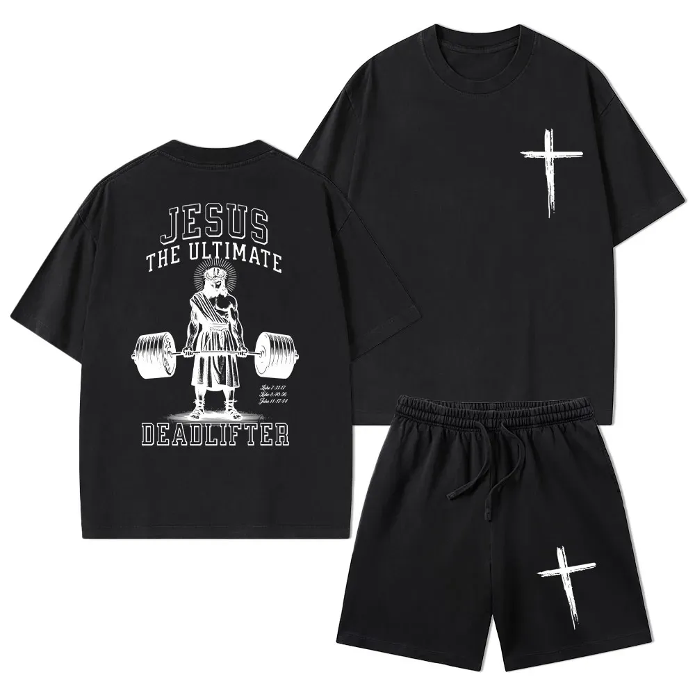 Jesus The Ultimate Deadlifter Christian Washed T-Shirt & Shorts