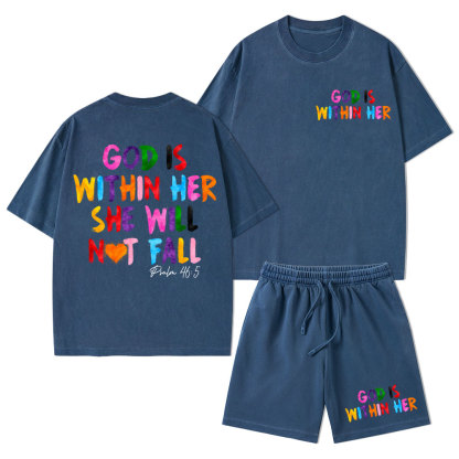 God Is Within Her She Will Not Fall Christian Washed T-Shirt & Shorts
