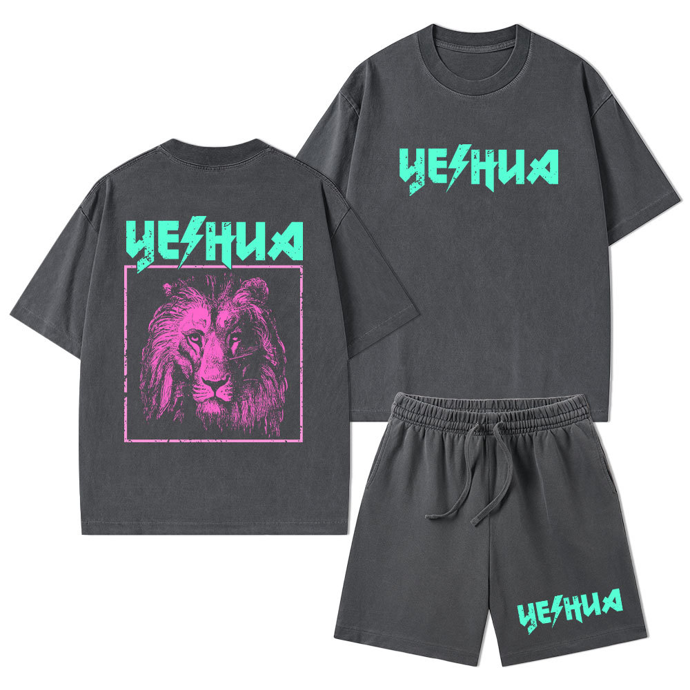 Retro Lion Yeshua Christian Washed T-Shirt & Shorts