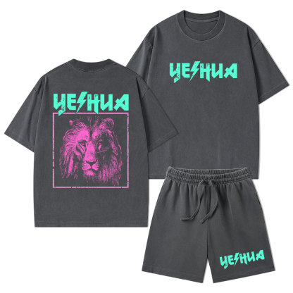 Retro Lion Yeshua Christian Washed T-Shirt & Shorts