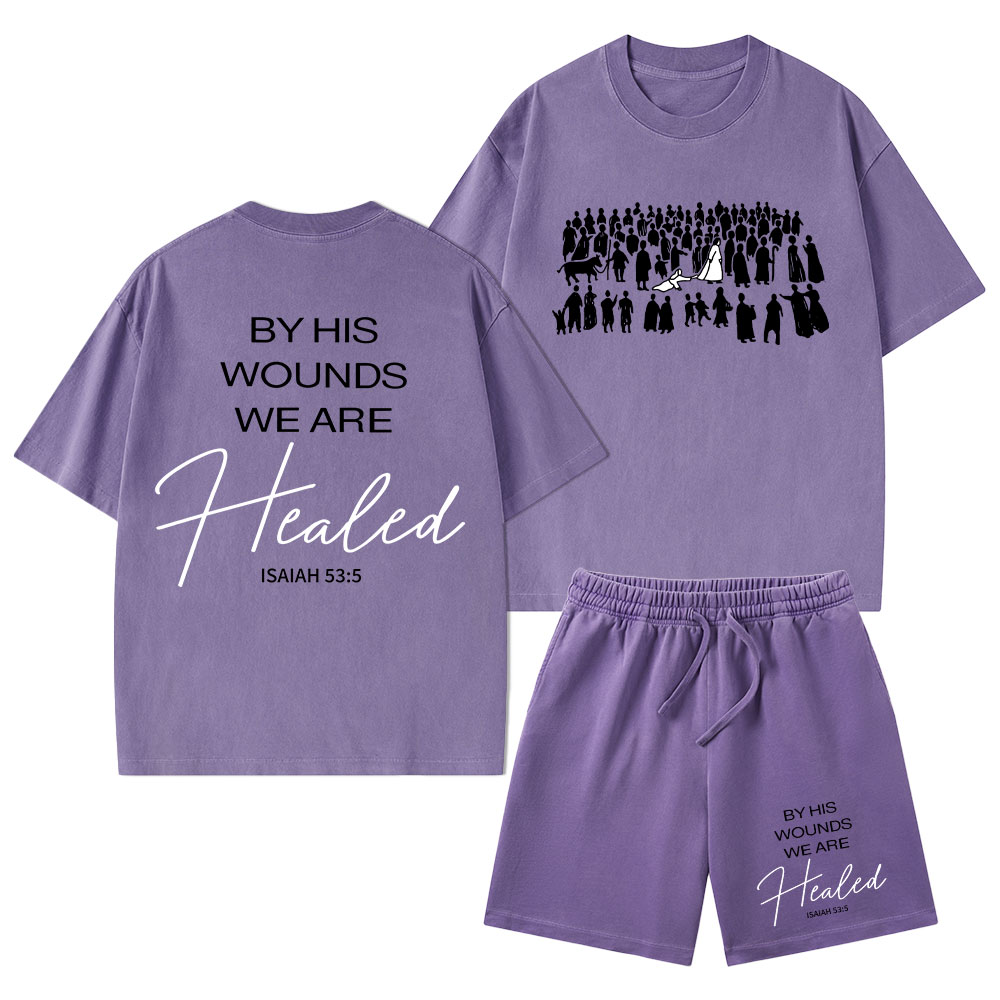 By His Wounds Christian Washed T-Shirt & Shorts