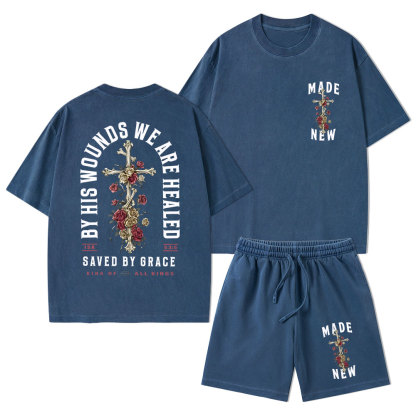 By His Wounds We Are Healed Christian Washed T-Shirt & Shorts