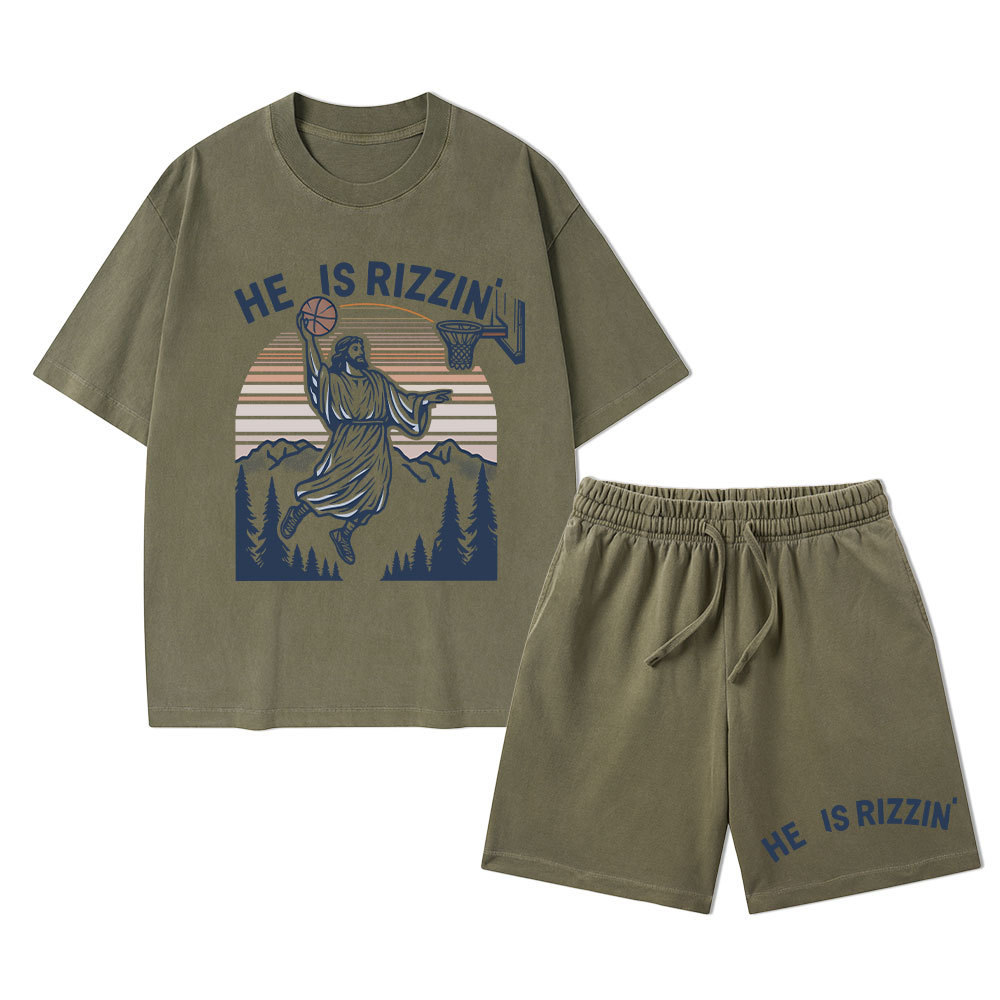 He Is Rizzen Christian Washed T-Shirt & Shorts